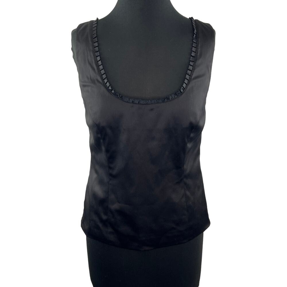 Anna Scholz Black Satin Ruffle Pleat Neckline Blouse Tank Top Sleeveless Size 12